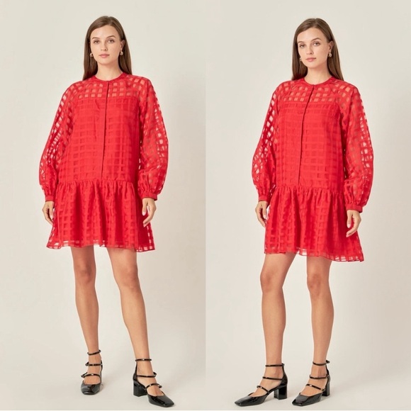 English Factory Women's Check Organza Buttoned Long Sleeves Red Mini Dress - Picture 5 of 5